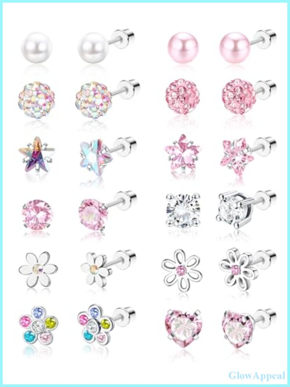 12 Pairs Screw Back Stud Earrings Surgical Steel Hypoallergenic CZ Set Women